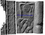 A single detail scan of St. Orland's Stone. The blue line is 12cm long. 700-800AD